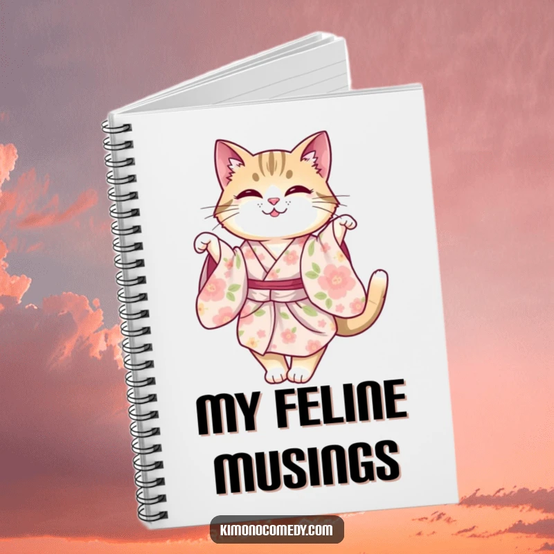Funny cat in a floral kimono, captured mid-graceful twirl. A chic notebook for capturing thoughts.