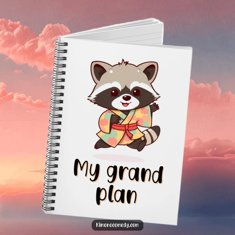 Funny raccoon notebook featuring a playful bandit in a colorful kimono, doing an excited hop, perfect for notes.