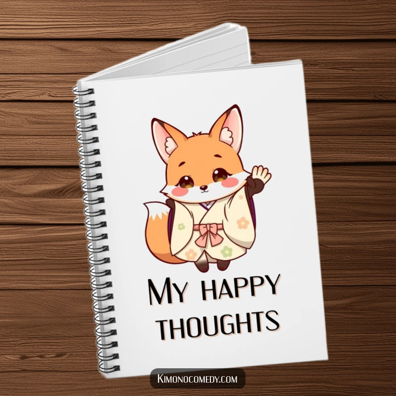 Funny Notebook: A fox in a flowing kimono waves happily, offering a cheerful cover for your notes and creative thoughts.