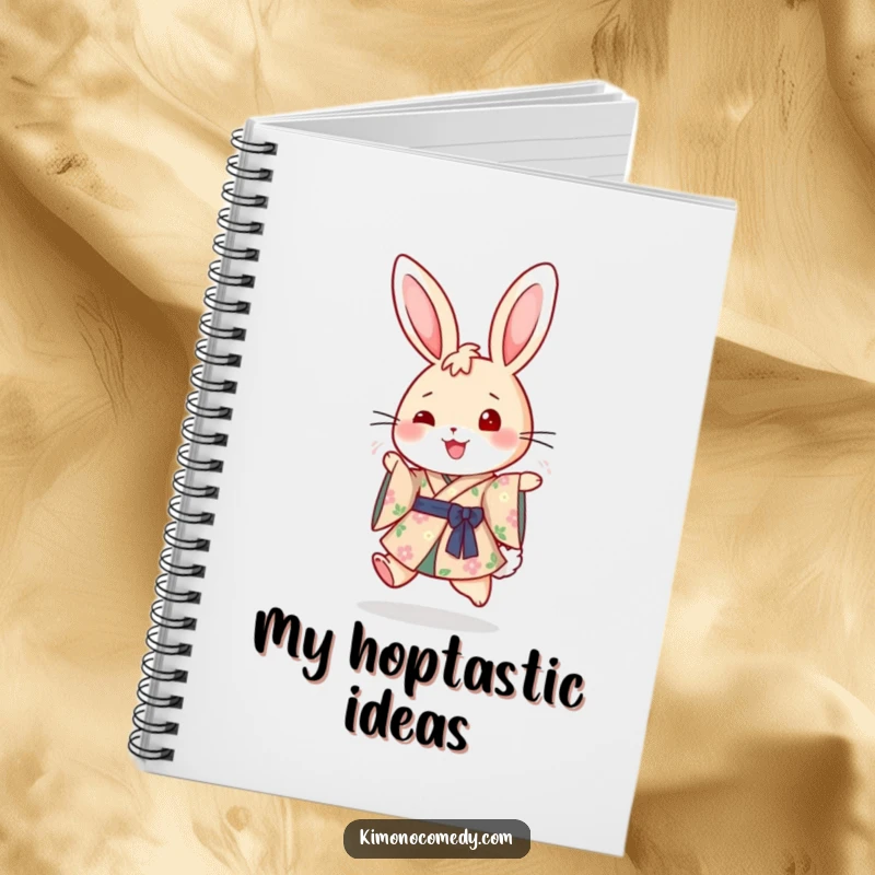 Funny notebook with a cheerful rabbit in a floral kimono, mid-hop with pure joy, ideal for jotting down thoughts and dreams.