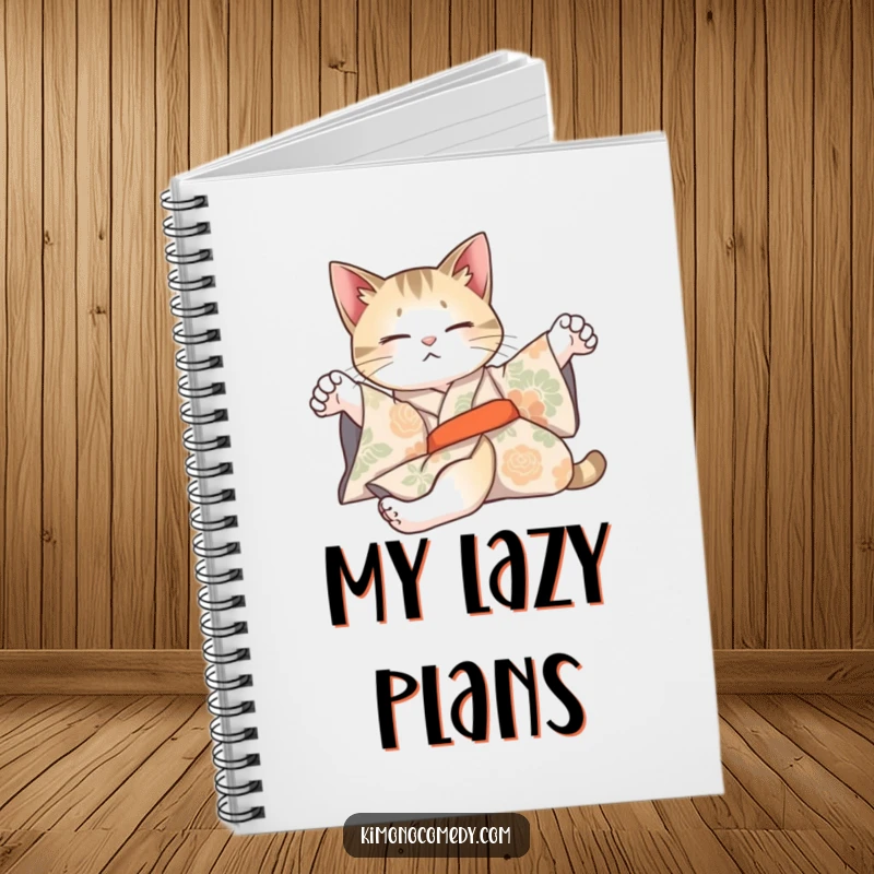 Funny notebook featuring an artistic cat in a patterned kimono, stretching lazily, perfect for capturing thoughts.