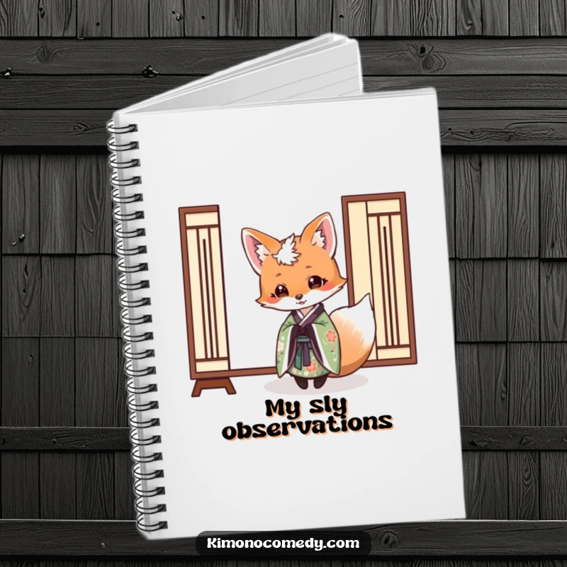 Funny notebook cover featuring a fox in an elegant kimono playfully peeking from behind a paper screen, ideal for capturing mysterious notes.
