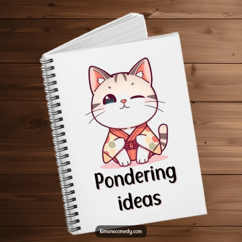 Funny Kawaii cat notebook, cover shows a cat in a whimsical kimono tipping its head curiously, humorous stationery for notes.