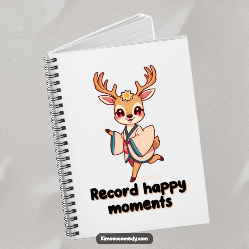 Funny notebook featuring a smiling kawaii deer in an elegant kimono, gracefully prancing with a look of pure delight and inspiration.