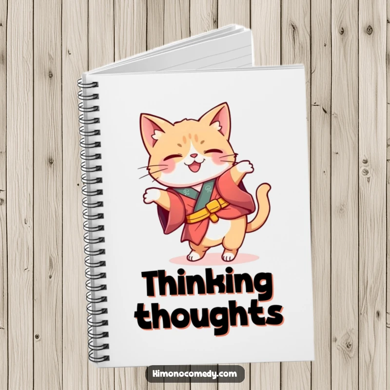 Funny Kawaii cat in a whimsical kimono tipping its head curiously, lined journal with a humorous and inquisitive cat design.