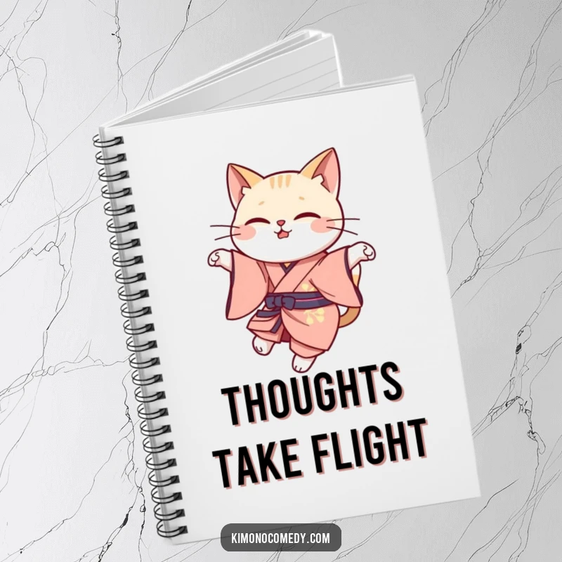 Funny cat leap notebook with a cute kawaii cat in elegant kimono attire, gracefully leaping, perfect for creative note-taking.