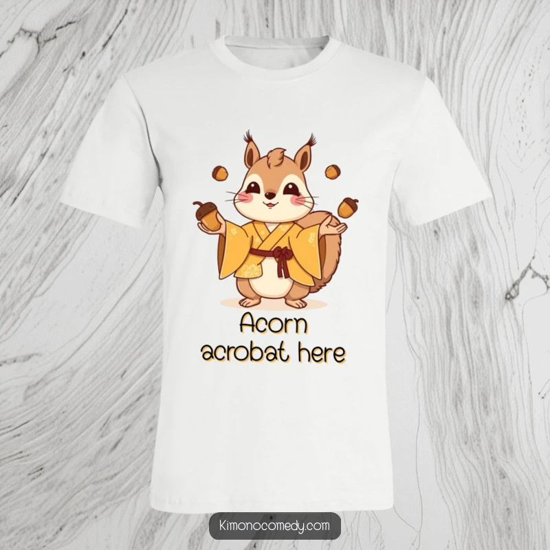 Funny squirrel in a bright kimono juggling small acorns, whimsical cartoon t-shirt, energetic animal, hilarious gift idea.