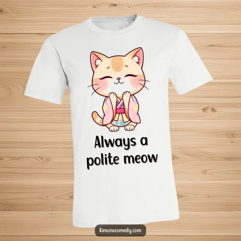 Funny cat kimono t-shirt showcasing a cute kawaii cat in a vibrant kimono, performing a deep, smiling bow, embodying politeness.