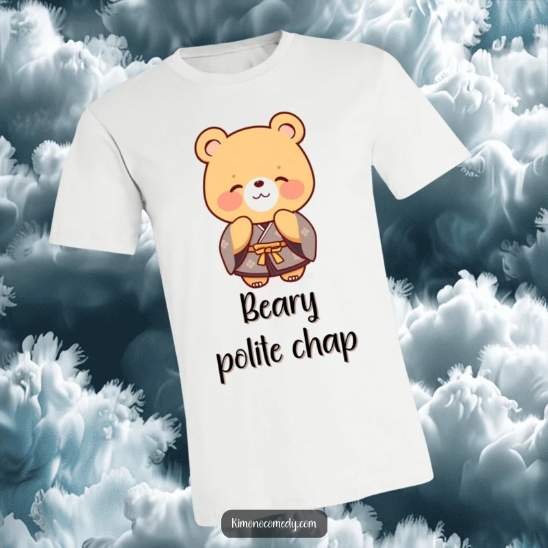 Funny bear adorned in a formal kimono, offering a polite and friendly bow. A wholesome and humorous t-shirt.