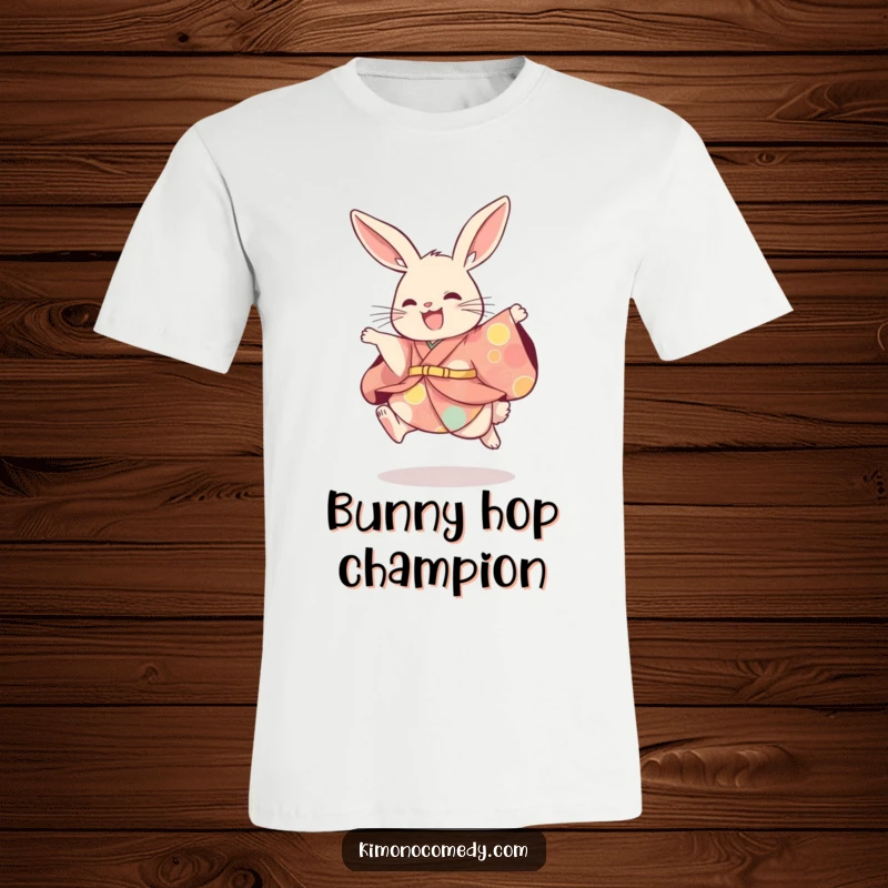 Funny rabbit in a vibrant kimono, caught mid-playful leap. This t-shirt design radiates energetic fun and lightheartedness.