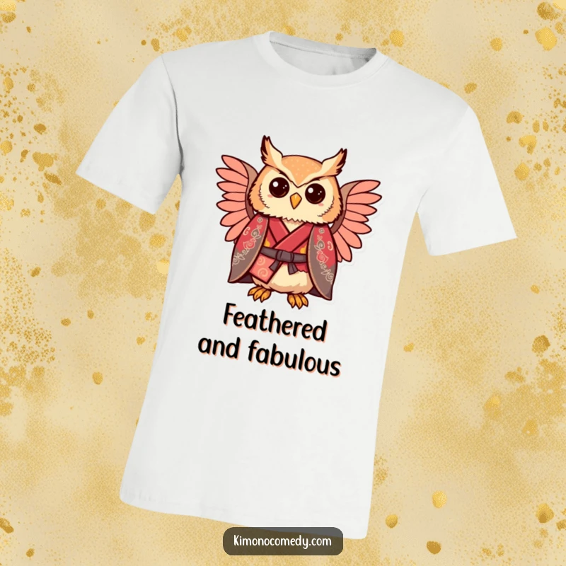 Funny kawaii owl wearing a regal kimono, comically proud expression, graphic t-shirt for bird lovers.