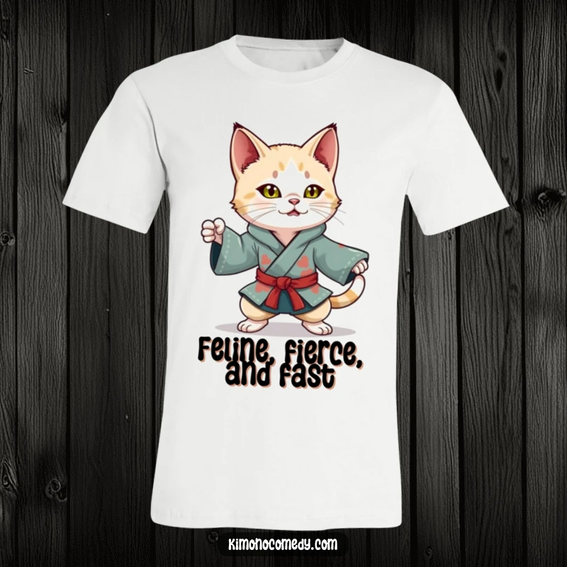 Funny Kawaii Cat T-Shirt: Playful character in a colorful kimono, striking a dynamic ninja pose, ideal for active lifestyles.