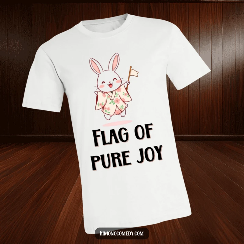 Funny t-shirt depicting a rabbit in a floral kimono hopping excitedly and waving a small flag, capturing cheerful energy.