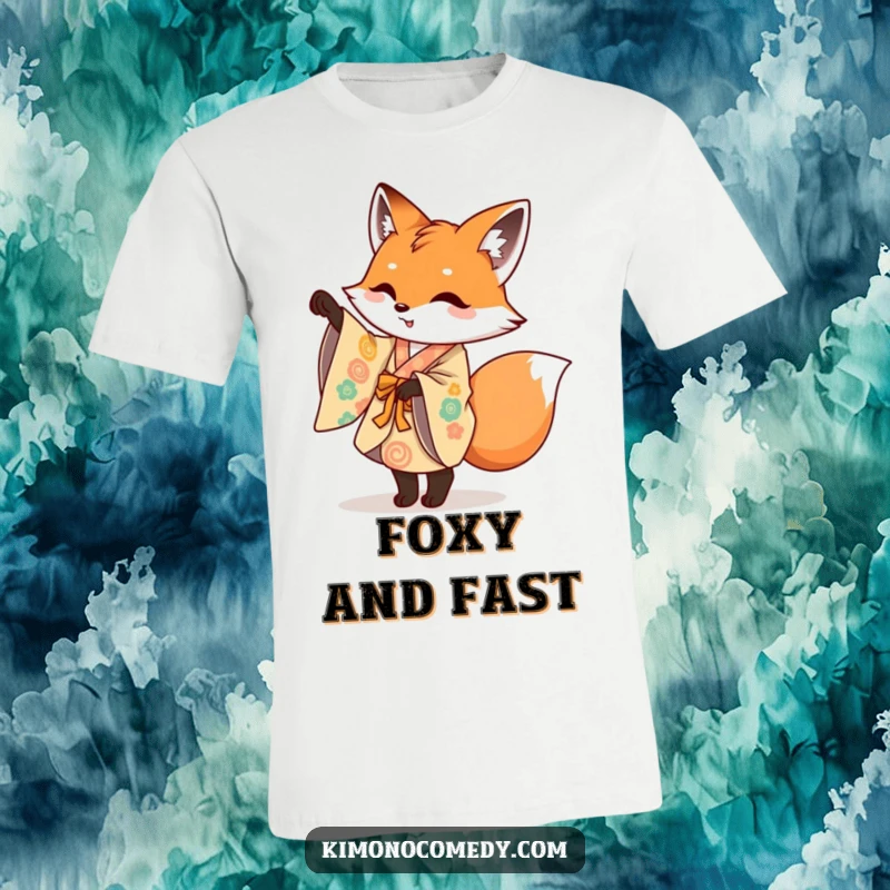 Funny t-shirt with a mischievous fox in a vibrant kimono doing a playful pirouette, perfect for artistic and whimsical humor.