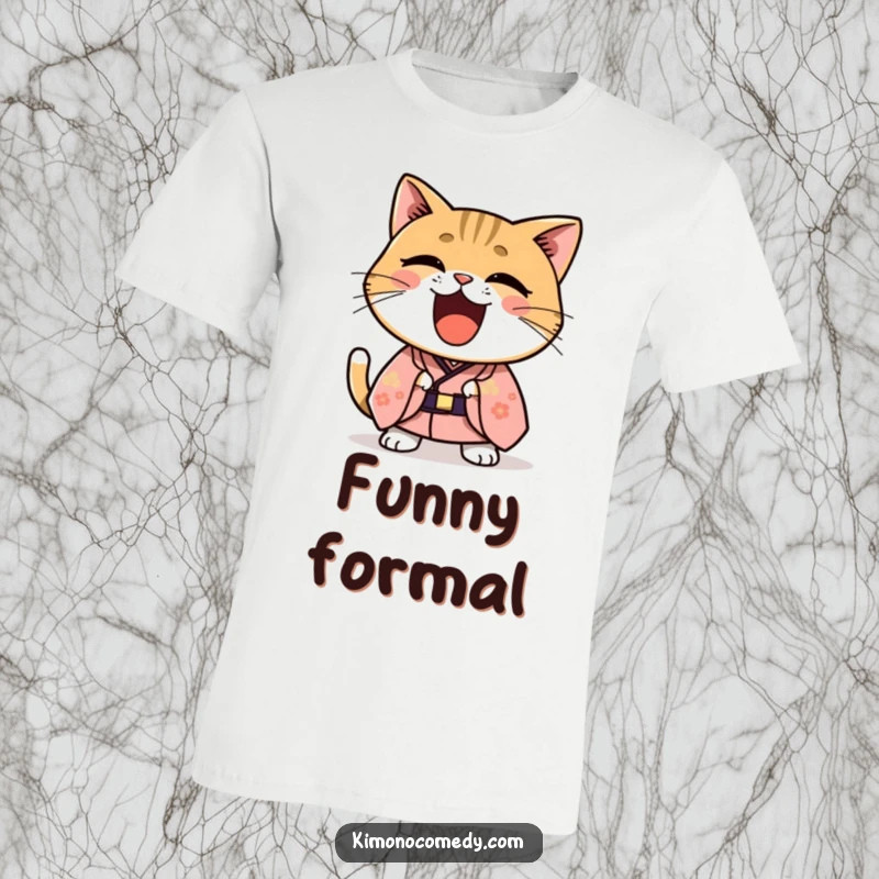 Funny Kawaii cat in a formal kimono laughing hysterically, cheerful and humorous graphic tee for everyday wear.