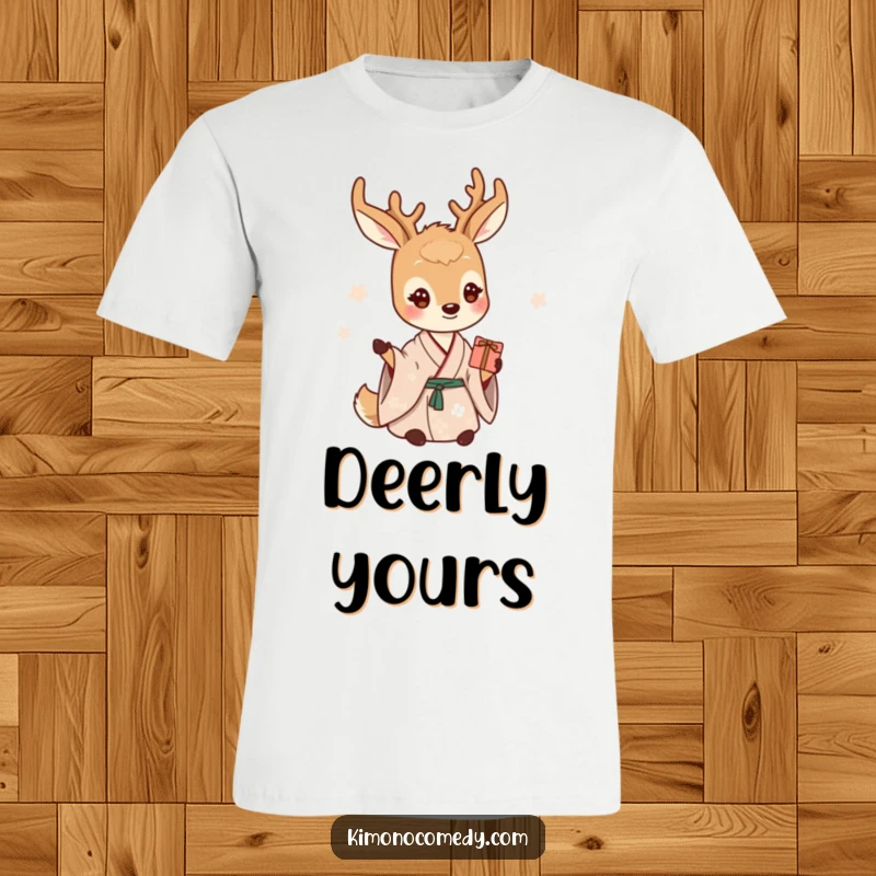 Funny deer t-shirt featuring a kind creature in a serene kimono, offering a small present with a peaceful smile.