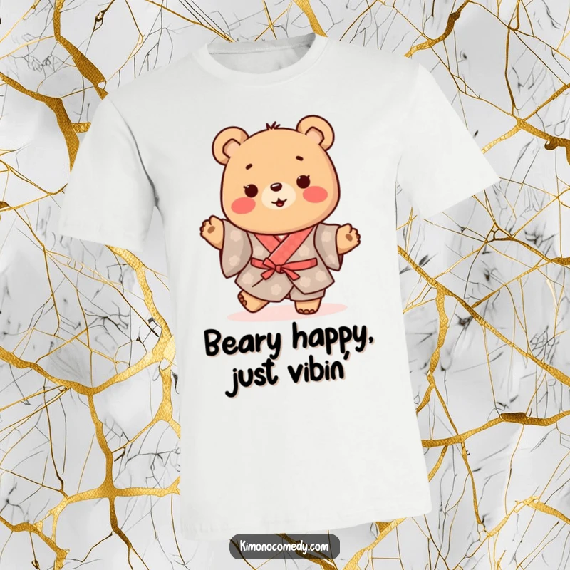 Funny Kawaii Bear T-Shirt: Happy character in a traditional kimono, doing a little happy shuffle, perfect for spreading cheer.