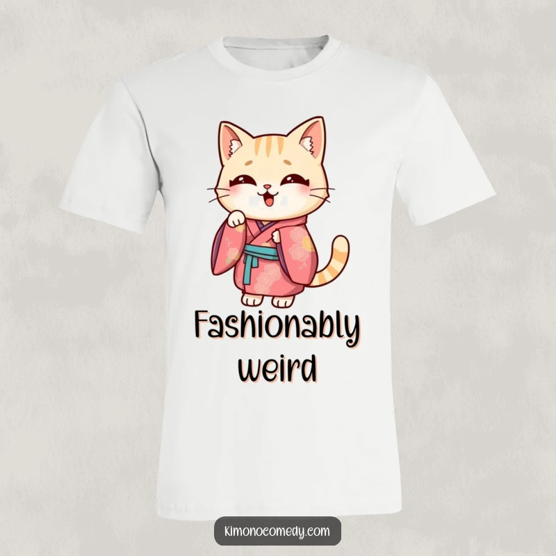 Funny Kawaii cat t-shirt, dressed in a vibrant kimono, striking a funny and eye-catching pose, humorous cat apparel.