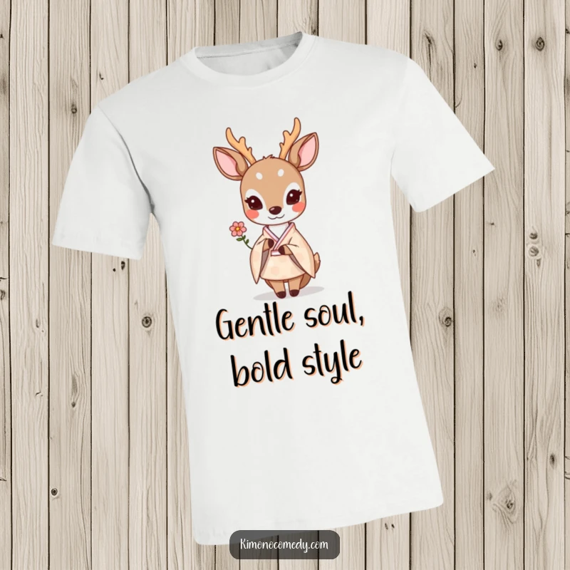 Funny shy kawaii deer in a pastel kimono, offering a small flower with shyness, printed on a soft t-shirt.