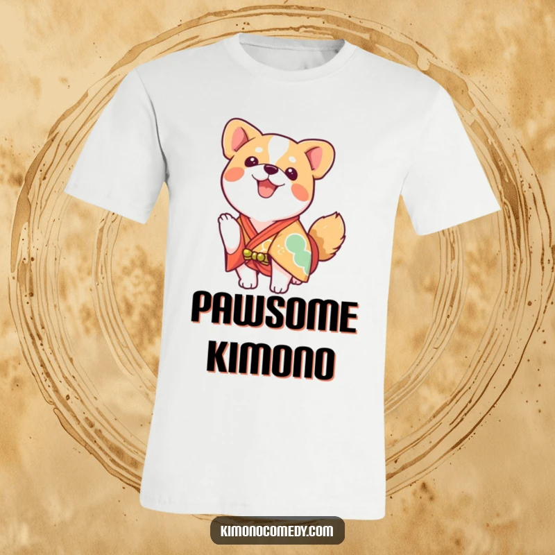 Funny kawaii dog in a bright kimono, wagging its tail with enthusiasm, cheerful graphic t-shirt.