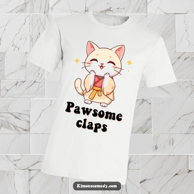 Funny Kawaii cat in a silk kimono clapping paws with gusto, energetic and humorous graphic tee for fans.