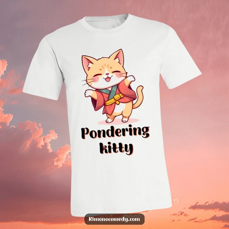 Funny Kawaii cat in a whimsical kimono tilting its head quizzically, thoughtful and humorous graphic tee for the curious.