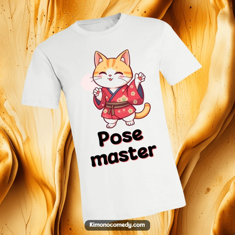 Funny Kawaii cat in a vibrant kimono striking a comical pose, stylish and humorous graphic tee for cat lovers.