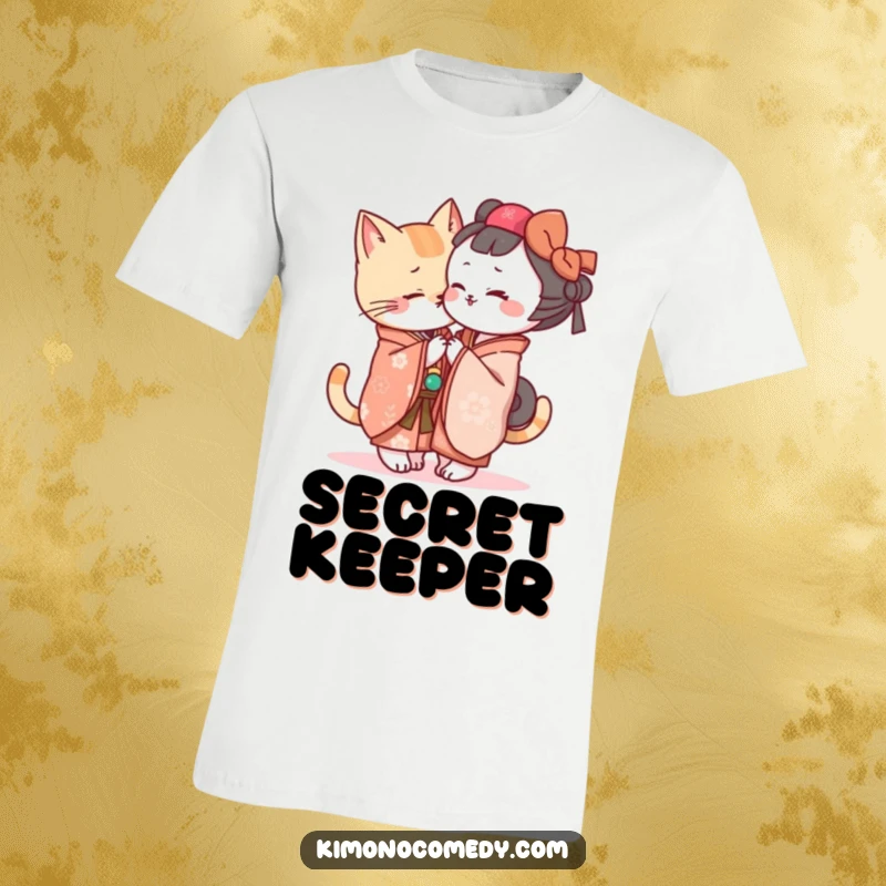 Funny Kawaii cat in a kimono whispering a secret to a friend, cute and humorous graphic tee for cat enthusiasts.