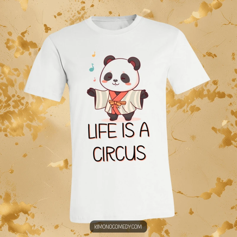 Funny Kawaii Panda T-Shirt: A delightful panda dressed in a striped kimono is captured mid-juggling performance, exuding playful energy.