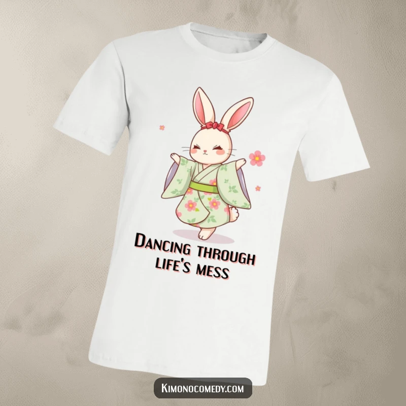 Funny Kawaii Rabbit T-Shirt: A rabbit in a floral kimono dancing joyfully, a humorous and elegant addition to any outfit.