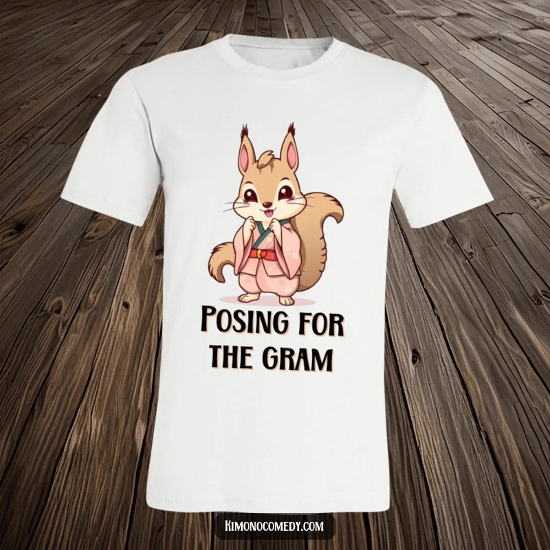 Funny Kawaii Squirrel T-Shirt: A squirrel in a stylish kimono striking a pose, perfect for adding a humorous fashion statement.
