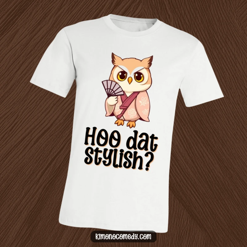 Funny owl wearing an elegant kimono and holding a fan on a t-shirt, representing quirky style and humor.