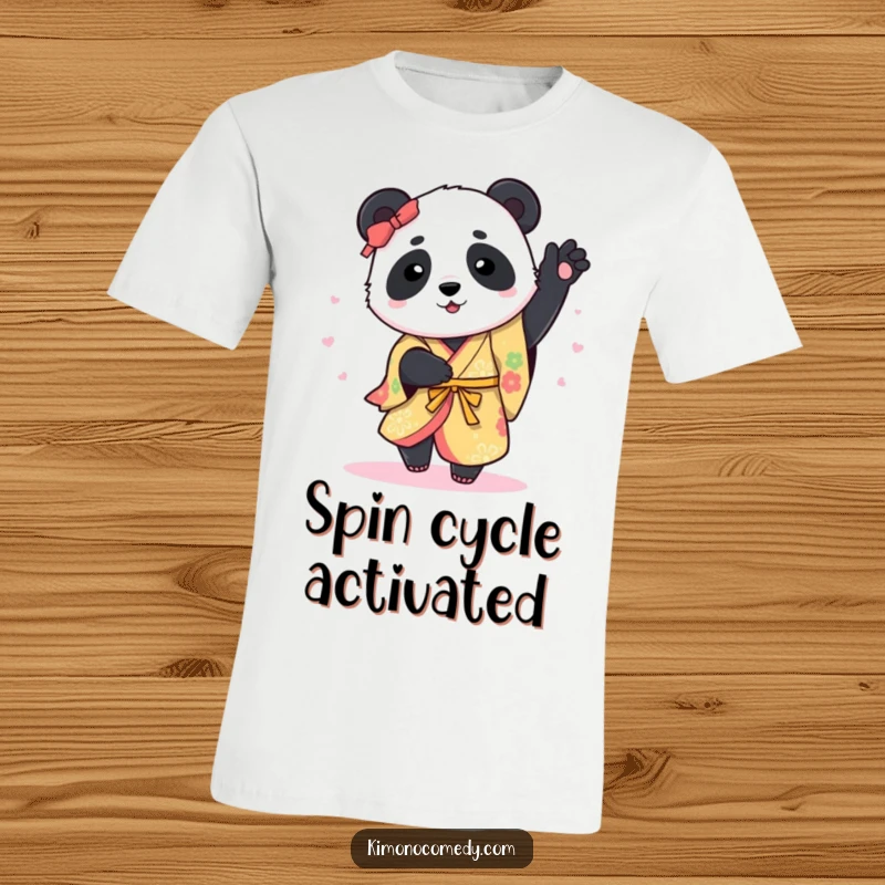 Funny T-Shirt: A cheerful panda in a bright, patterned kimono is captured mid-spin, radiating infectious energy and playful charm.
