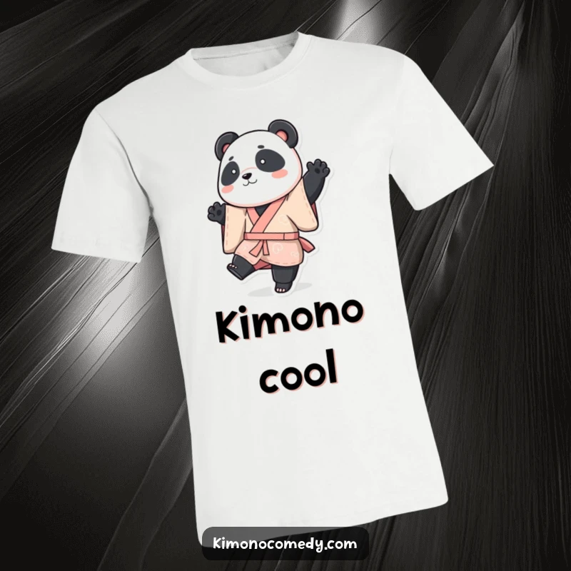 Funny panda t-shirt, a panda in a vibrant kimono striking a playful pose with one leg up, funny gift.