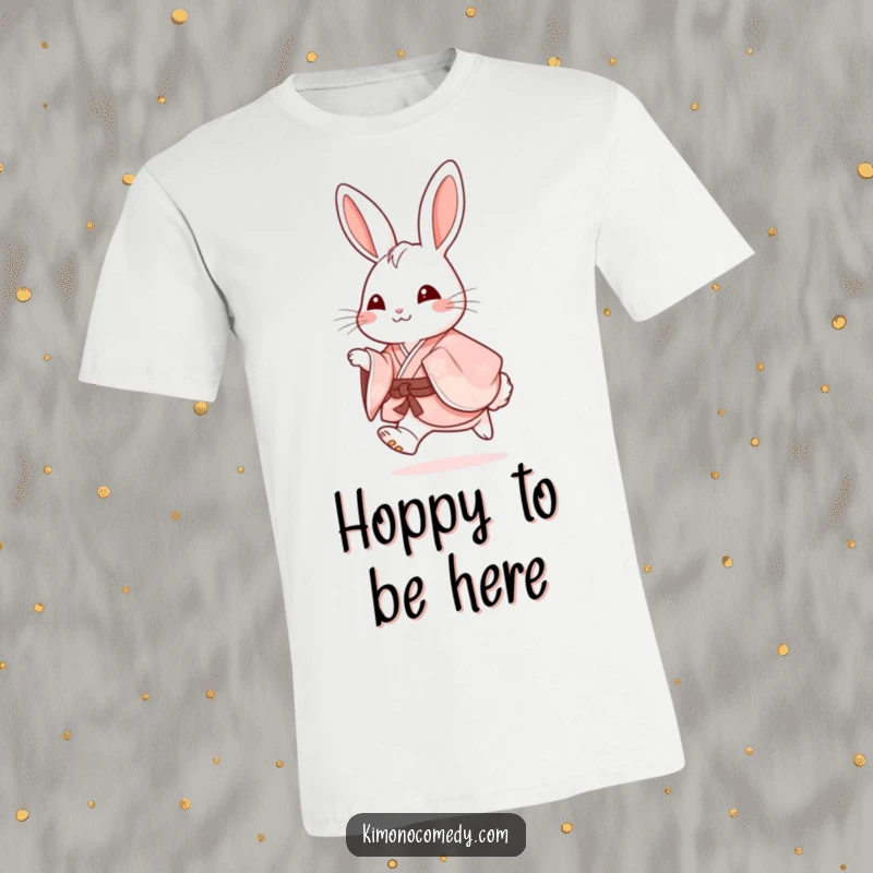Funny T-Shirt: A happy rabbit adorned in a fancy kimono hops with excitement, showcasing pure glee and playful movement.