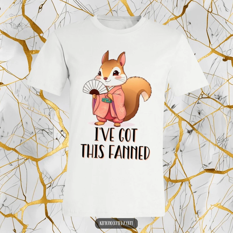 Funny Squirrel Kimono T-Shirt showcasing a cheerful squirrel dressed in a bright kimono, holding a tiny fan with flair.