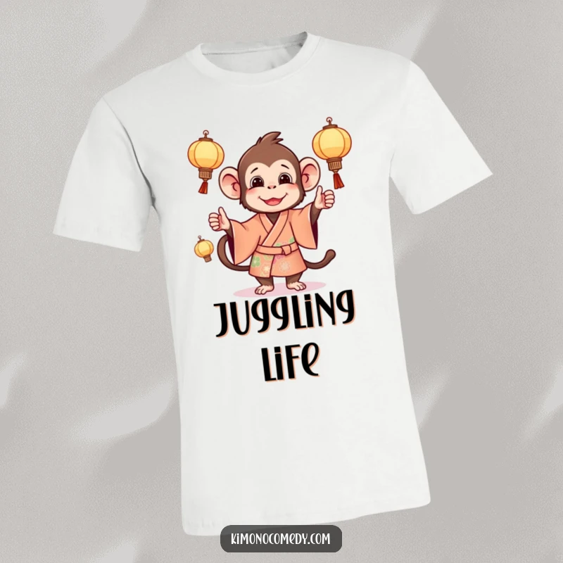 Funny monkey t-shirt featuring a mischievous creature in a vibrant kimono, skillfully juggling small, luminous lanterns.