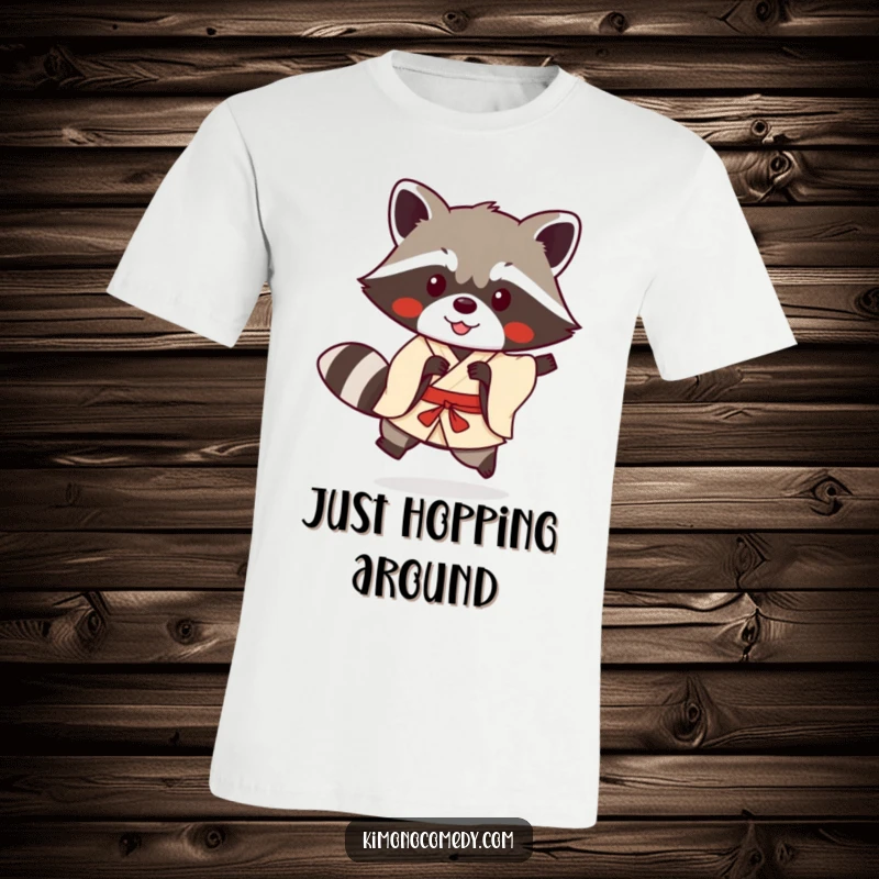 Funny kawaii raccoon in a simple kimono doing a playful hop on a t-shirt, a humorous and energetic anime design.