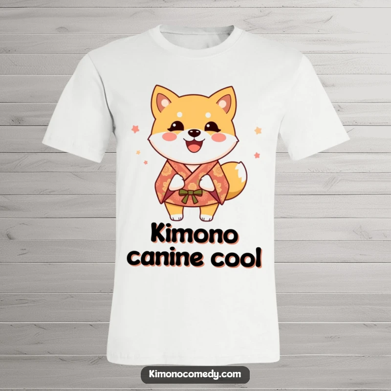 Funny Shiba Inu T-Shirt: A happy dog sporting a festive kimono, joyfully wagging its tail with infectious enthusiasm.