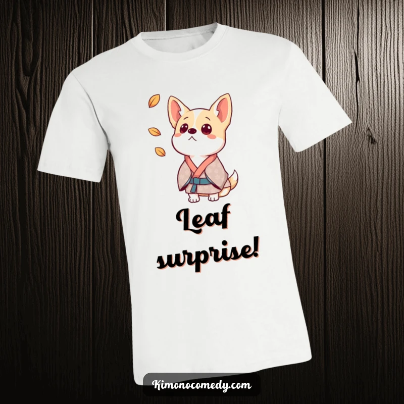 Funny dog t-shirt depicting a cute canine in a patterned kimono, ears up, reacting with surprise to a falling leaf.