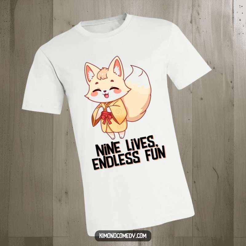 Funny Kawaii Kitsune T-Shirt: A giggling fox with many tails in a kimono dances merrily, radiating playful energy and humor.