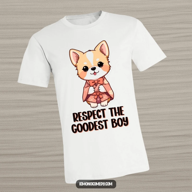 Funny dog in a detailed kimono, bowing politely on a t-shirt, showcasing a blend of respect and lighthearted humor.