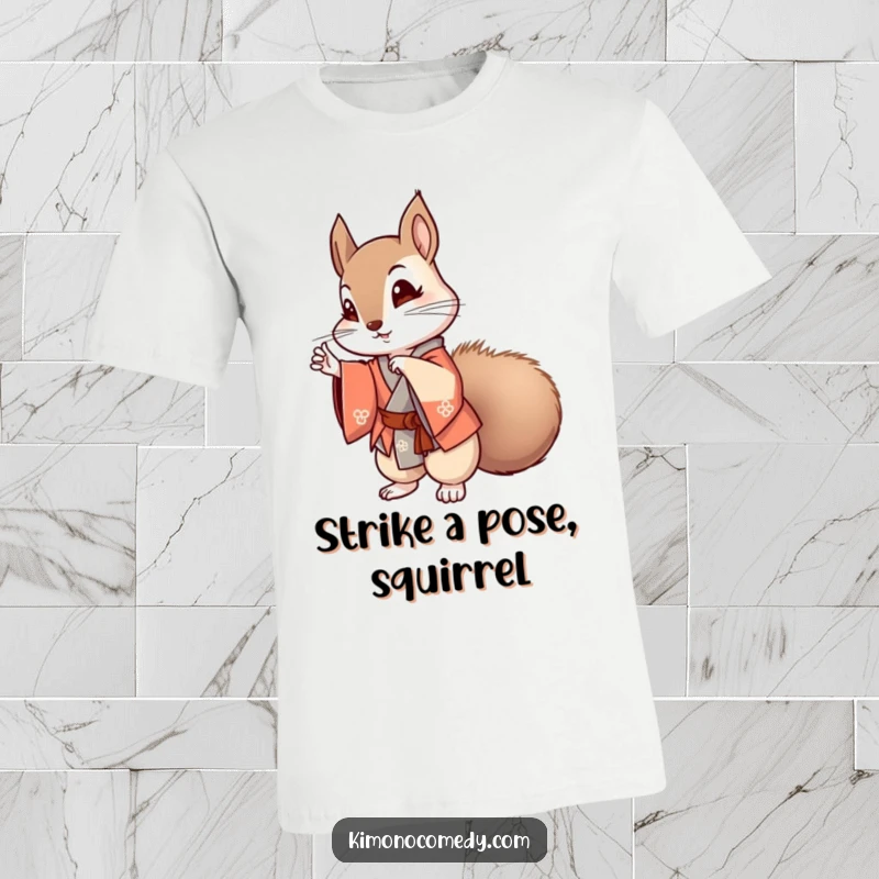 Funny kawaii squirrel in a stylish kimono striking a pose on a t-shirt, a humorous and fashionable anime-inspired design.
