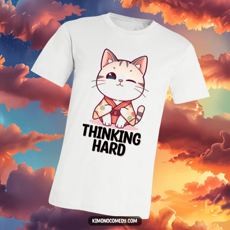 Funny Kawaii cat t-shirt, dressed in a whimsical kimono, tipping its head with a curious look, humorous and inquisitive feline expression.