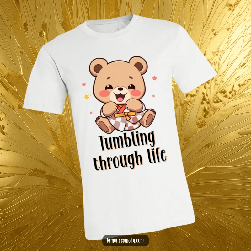 Funny kawaii bear wearing a checkered kimono, tumbling with pure joy and excitement, printed on a comfortable t-shirt.