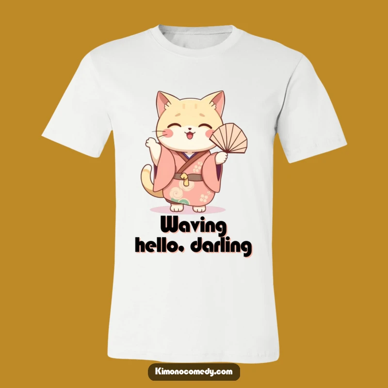 Funny Cat Fan T-Shirt: Kawaii Festive Kimono Tee, Joyful Waving Cat Shirt