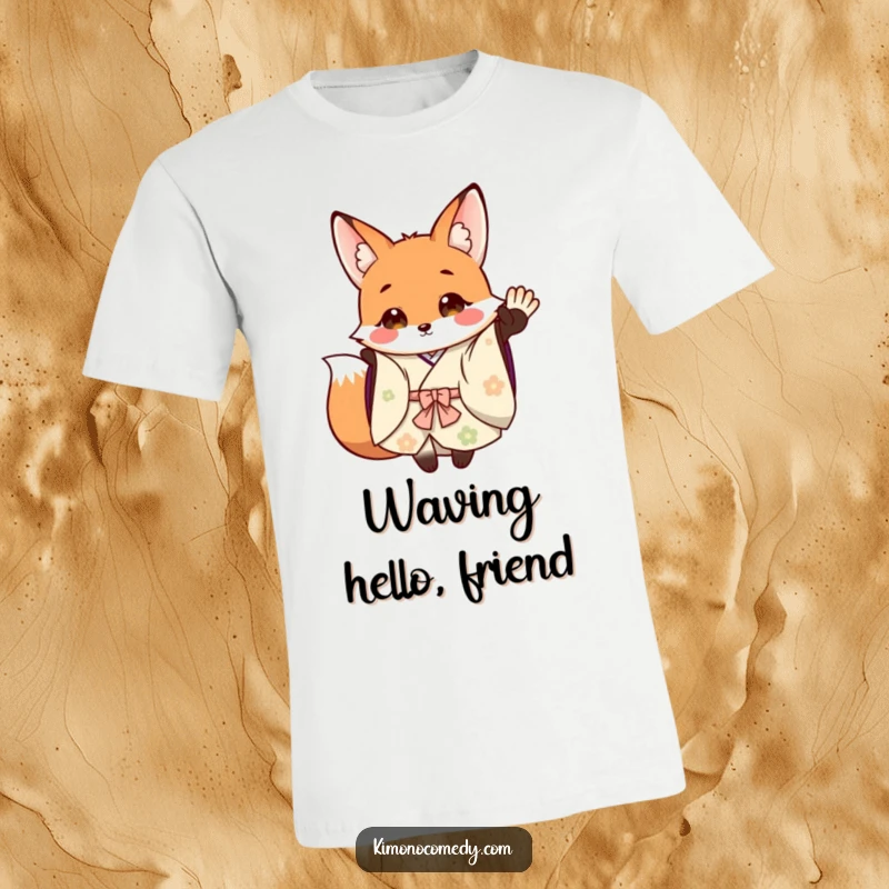 Funny T-Shirt: A charming fox dressed in a flowing kimono happily waves, showcasing a friendly and joyful woodland spirit.
