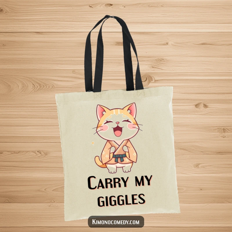 Funny Kawaii cat tote bag, shows a cat in a formal kimono laughing uncontrollably, durable and humorous accessory.