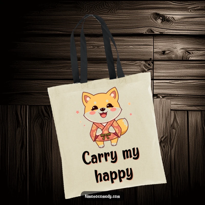 Funny Shiba Inu Tote Bag: A happy dog in a festive kimono, ready to carry your items with a joyful wag.
