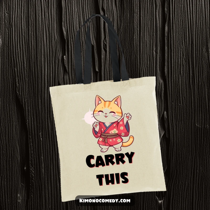 Funny Kawaii cat in a vibrant kimono striking a comical pose, durable and humorous tote bag for everyday use.
